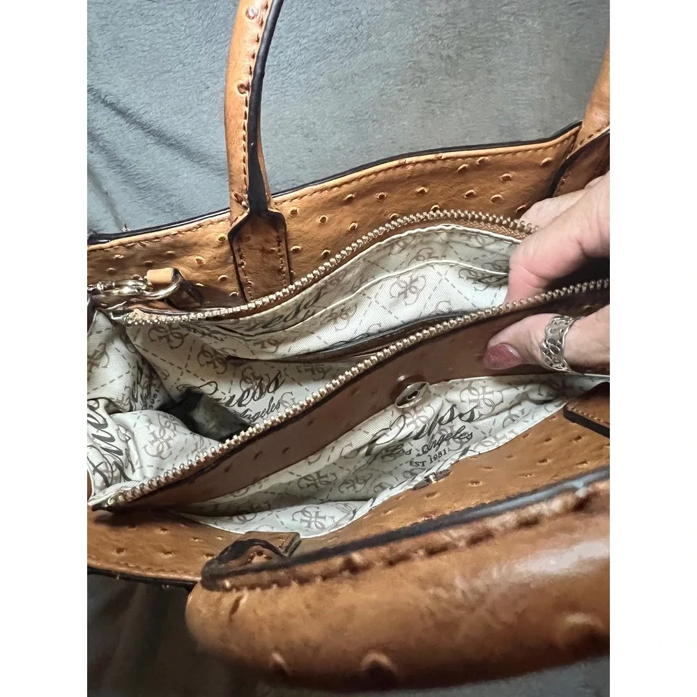 Guess 1981 faux Ostrich Embossed Satchel Crossbody Purse Brown Handle Handbag